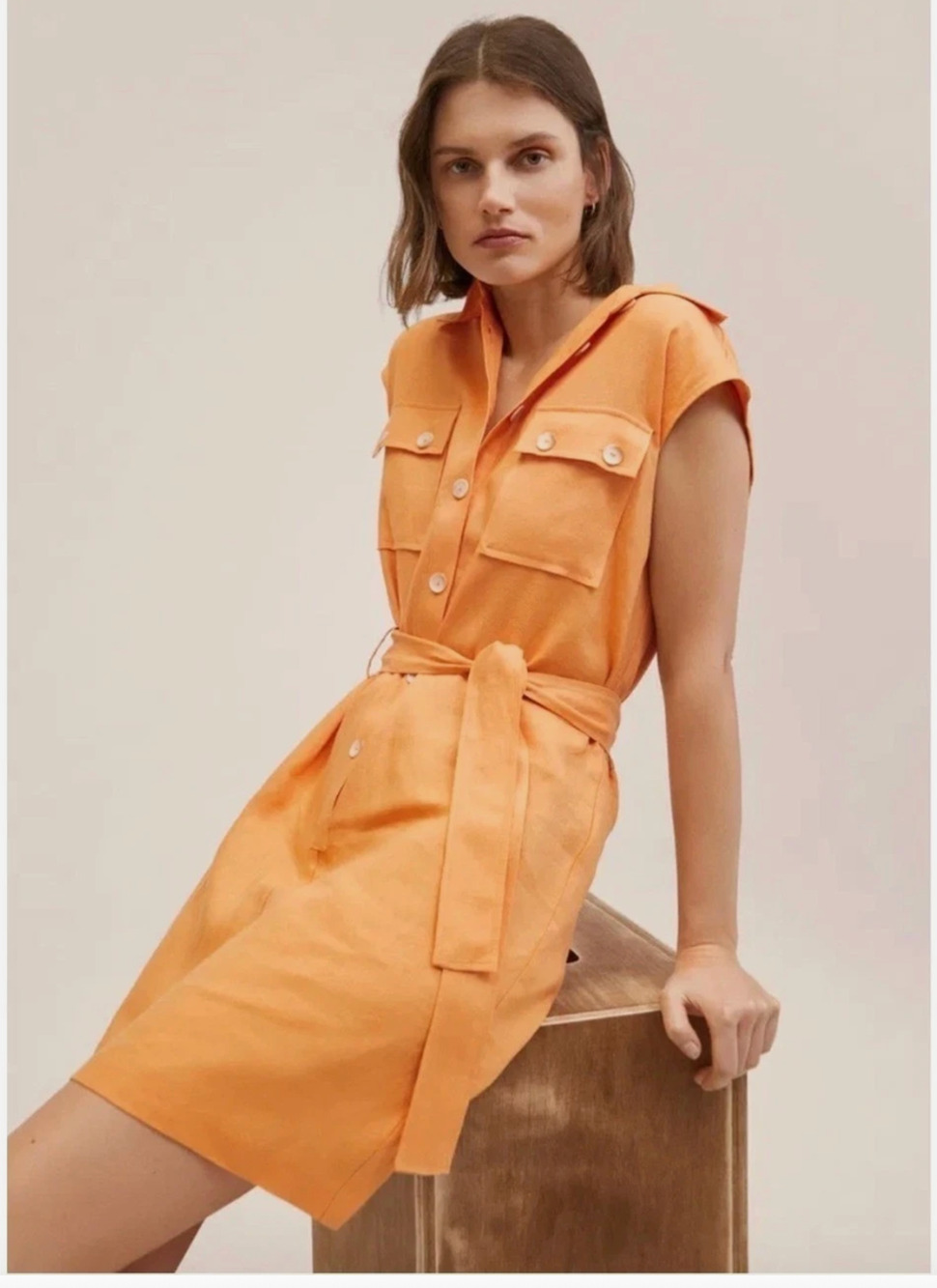 MNG Mango apricot orange 100% linen Cap sleeves utility shirt dress size 8